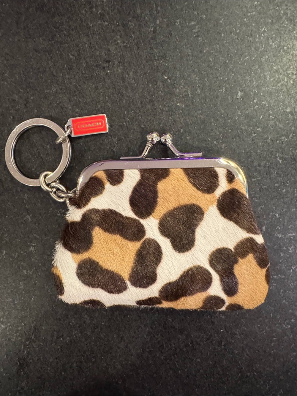 COACH Leopard Print Coin Purse Keychain - Brown/Black